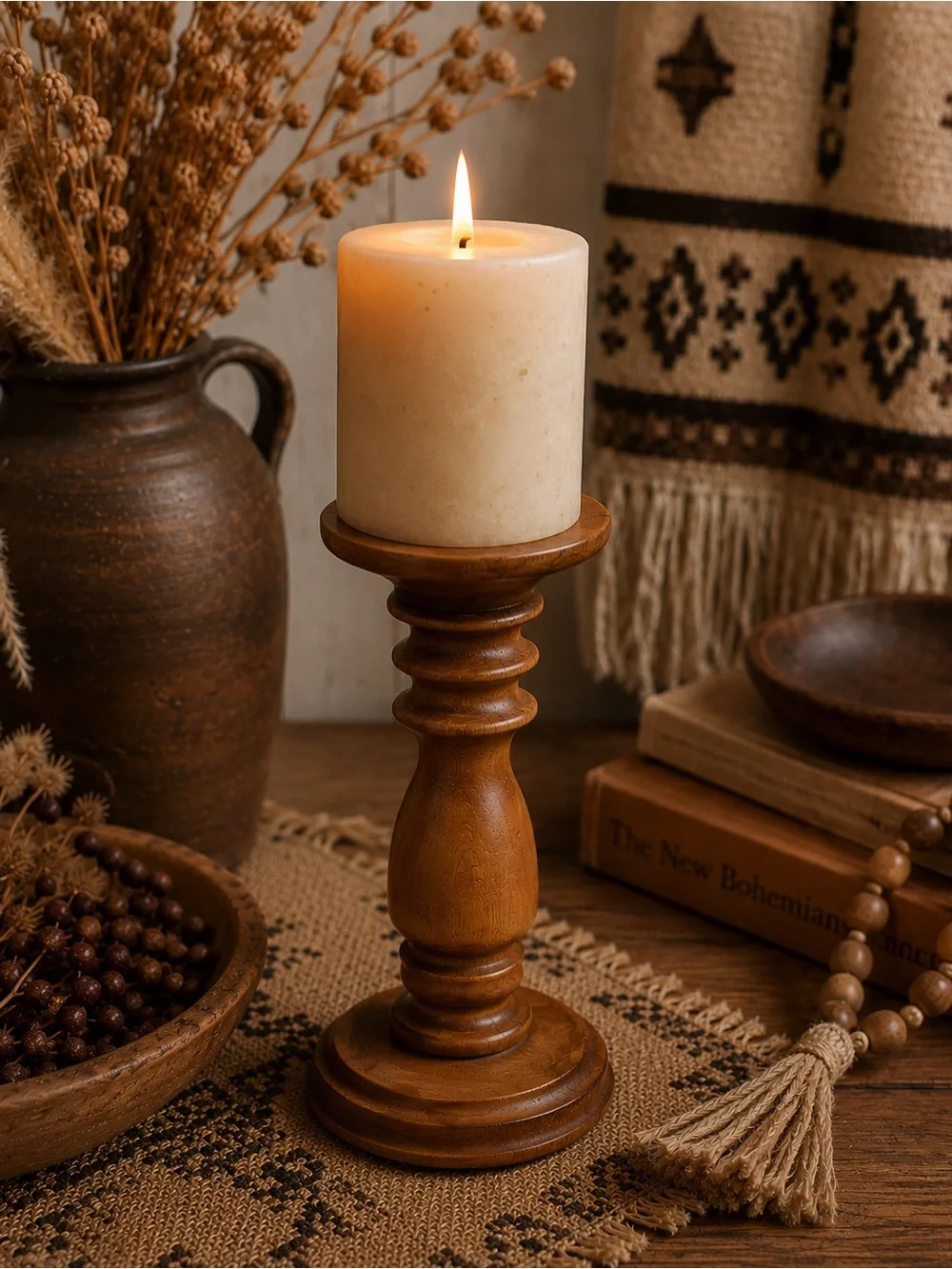 Vintage Turned Wood Chamberstick Candle Holder Rustic Primitive Farmhouse Boho